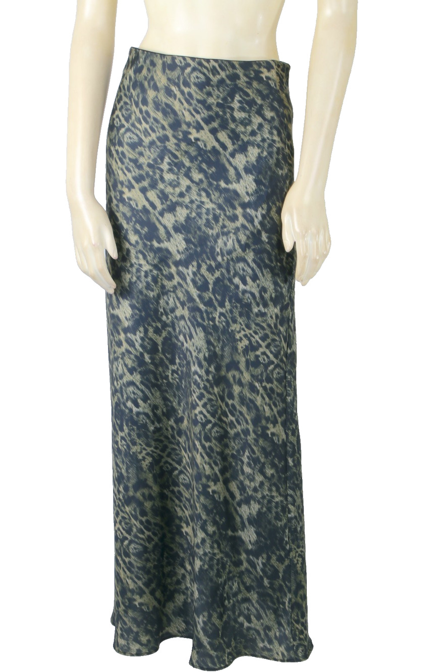 ALLSAINTS Green Black Marble Abstract Print Bias Cut Satin Maxi Slip Skirt US 4